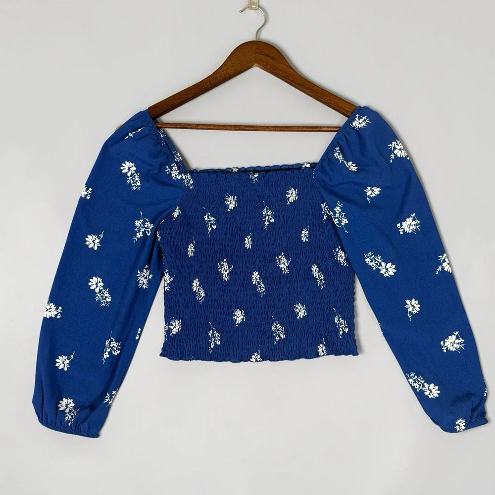 Abercrombie & Fitch Womens Blouse Top S Blue Short Smocked Long Puff Sleeves